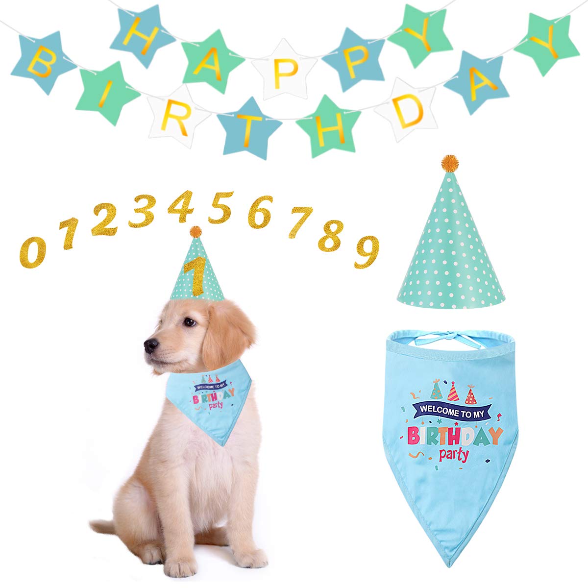 POPETPOP Dog Birthday Party Supplies - Creative Dog Birthday Bandana and Hat Happy Birthday Banner for Dog Cat Birthday Party