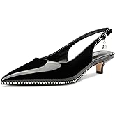 TNYNFBEB Womens Low Kitten Heel Close Pointed Toe Pumps Slingback Silver Beaded Buckle Prom Party Dress Patent Leather 1.4 Inches Heels