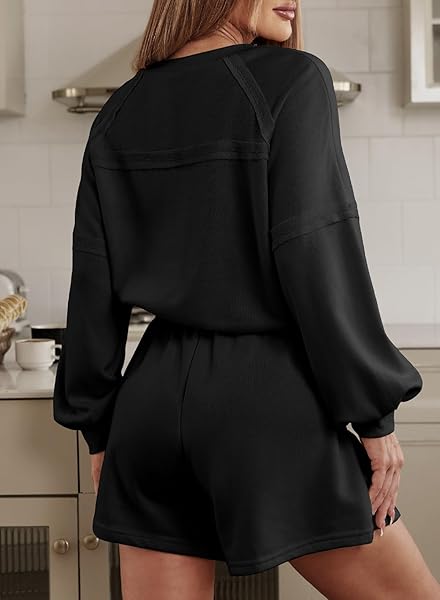 ALEUMDR WOMEN’S TWO PIECE OUTFITS LOUNGE SETS SWEATSHIRT LOUNGEWEAR SHORTS PAJAMAS SET 2023 FALL MATCHING SWEAT SET BLACK MEDIUM