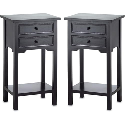 Set of 2 Black Table with 2 Drawers