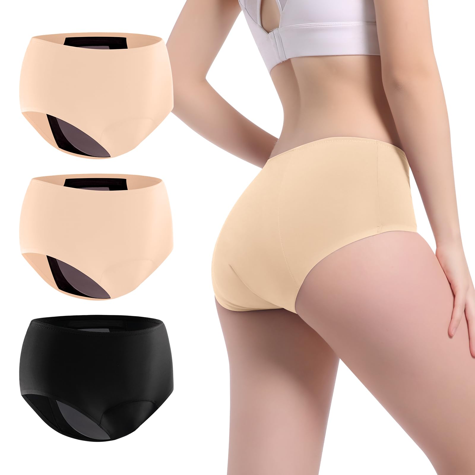 Photo 1 of VOXSHE Incontinence Underwear for Women Washable Leak Proof for Women 5oz High Absorbent Womens Incontinence Panties for Bladder Leakage Protective Panties 3pk-L (Black/Beige/Beige)