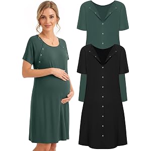 2 Pack Labor and Delivery Gown 3 in 1 Maternity Nursing Hospital Nightgown | Button Down Breastfeeding Nightgown, Lightweight