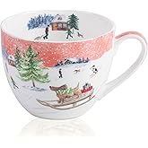 MFoffice Christmas Sled Dog Mug - 20 oz Bone China Coffee Tea Hug Mug with Pink Winter Sky & Snow Trees, Holiday and Christmas Gift for Friends & Family - Designed in England by Harvest Green Studio