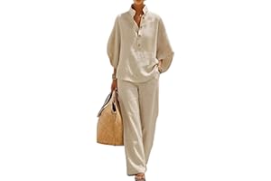 Women's Batwing Sleeve Linen Cotton Two Piece Set - Casual Shirt and Wide Leg Pants Outfit for Women