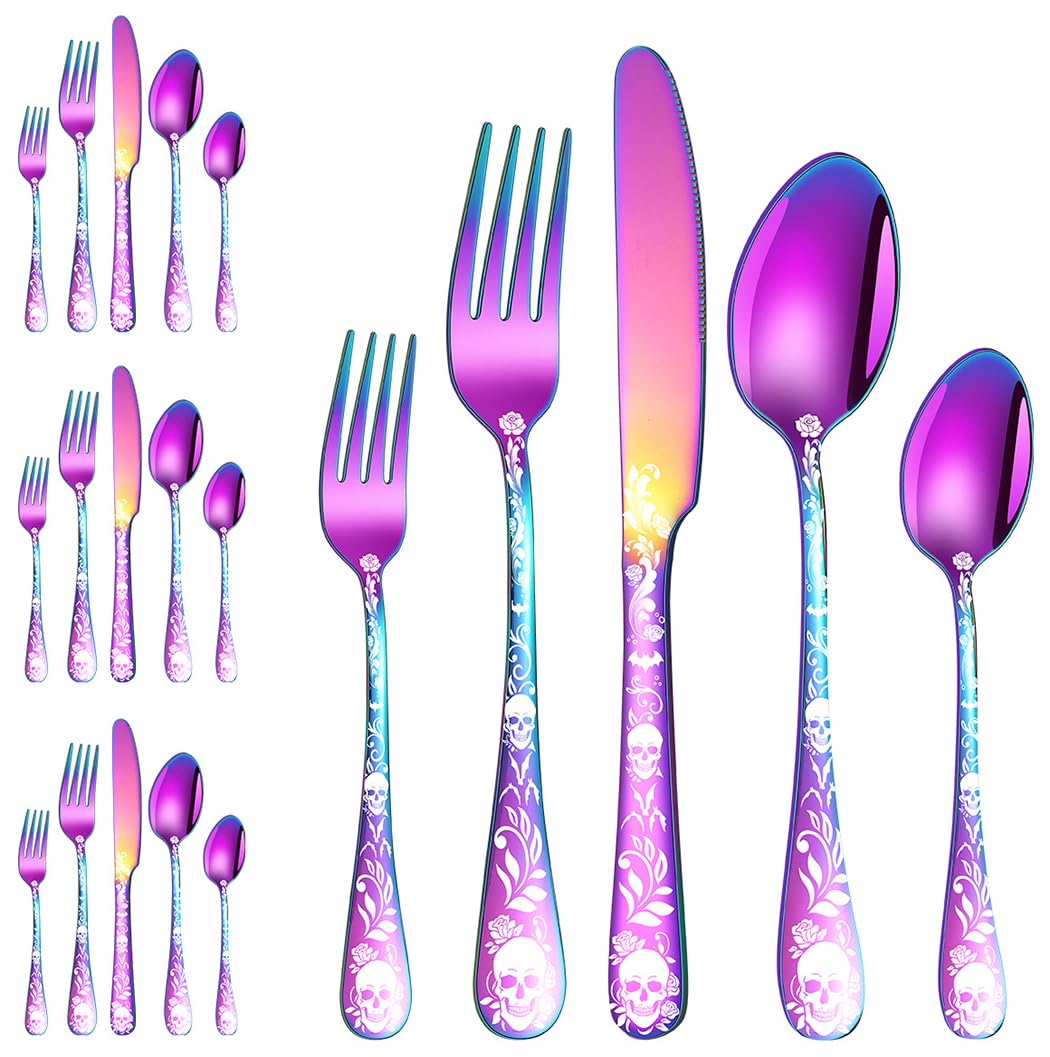 XIAOYU 20 Piece Halloween Skeleton Tableware Silverware Set, Metal Flatware Set Service for 4, Gothic Unique Skull Flower Pattern Design, Skeleton Utensil Cutlery Set for Halloween Easter Christmas