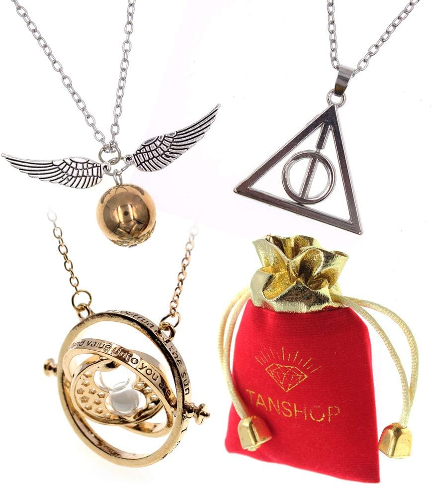 Friendship Halskette Set -3 Stück Cosplay Anhänger Halsketten Heiligtümer des Todes Goldener Schnatz und Roating Time Turner Halskette mit weißen San for Cosplay-Fans