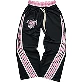 GORGLITTER Men's Double Waisted Baggy Pants Plaid Stripe Wide Leg Track Pants Y2K Athletic Workout Trouser Streetwear