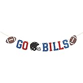 Go Bills Banner - Football Party Sign, Footballs Game Day Decor, Funny Football Game Day Party Decorations Red Blue Glitter