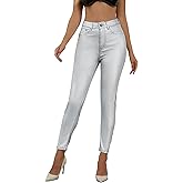 LBDLONGBIDA High Waist PU Leather Pants Stretch Skinny Disco Metallic Legging Pants Lightweight Tights Neon Pants