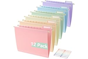 SortRax Plastic Hanging File Folders Letter Size, 12 Pack Pastel Hanging Folders, with Insertable 1/5-Cut Tabs for Filing Cabinets