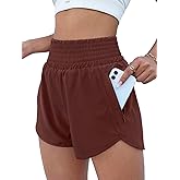 BMJL Women's Athletic Shorts Elastic High Waisted with Pockets,Sporty Workout Quick Dry Running Shorts(S,Coffee Brown)