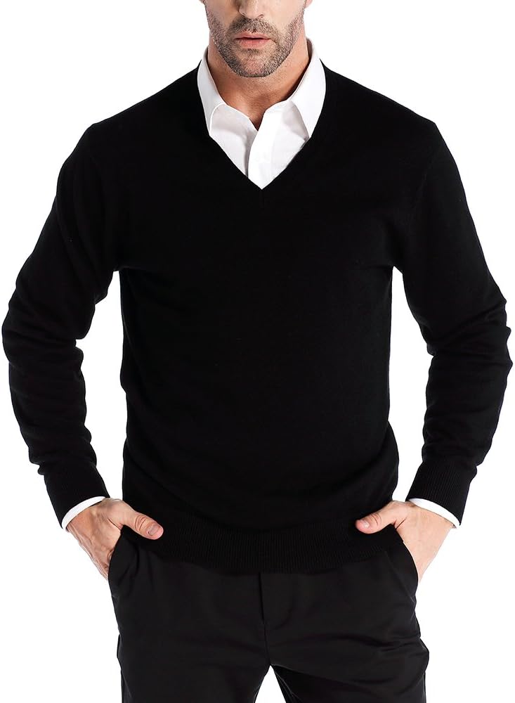 Kallspin Men’s Cashmere Wool Blended V-Neck Sweater Pullovers Relaxed Fit Knitted Long Sleeve Sweaters