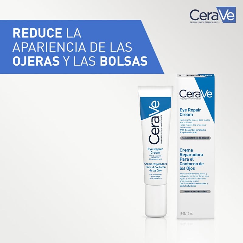 Cerave creme reparador de contorno de olhos, redutor de olheiras e bolsas, enriquecido com ácido hialurônico e niacinamida, para todos os tipos de pele, 14 ml
