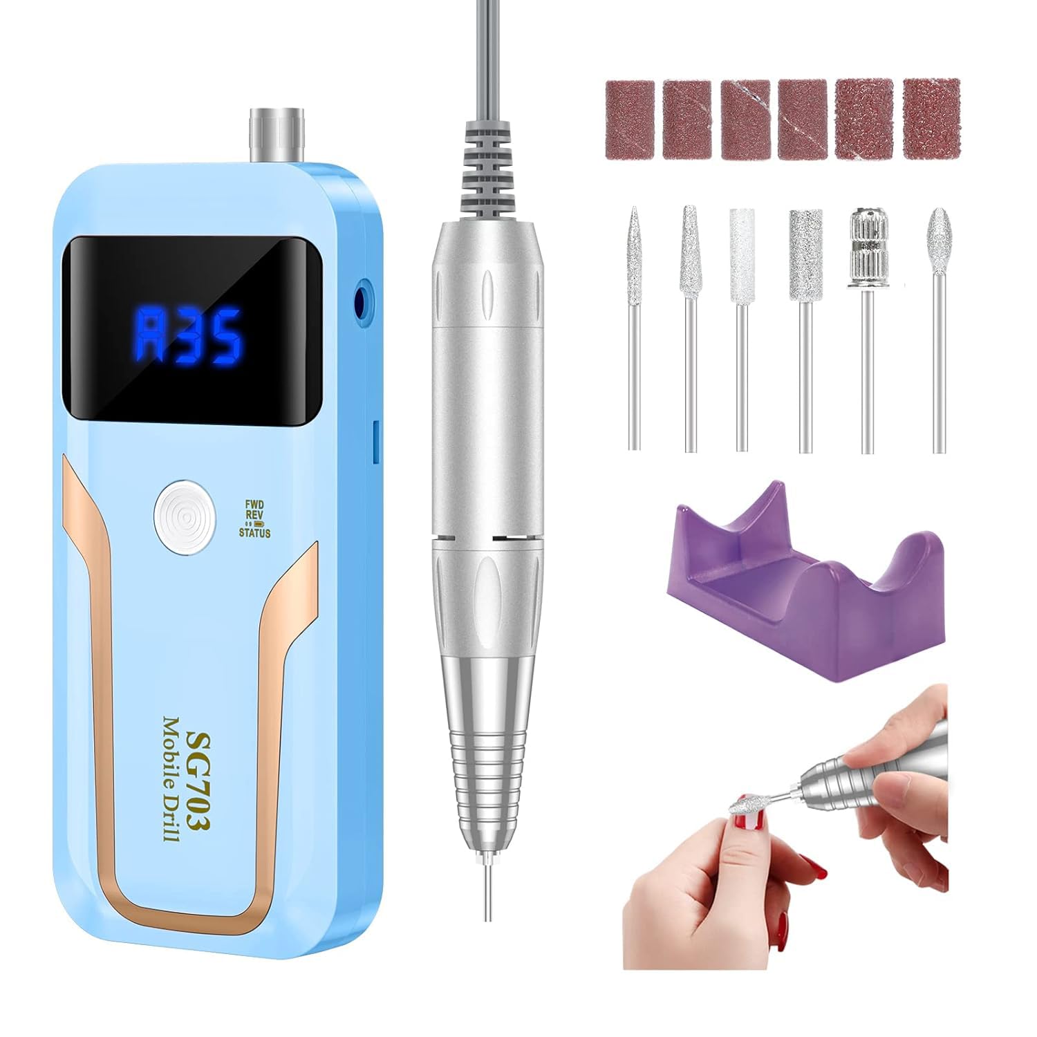 Professional Nail Drill Kit - Electric Nail File for Acrylic Nails & Manicure Gel Removal - Includes Nail Drill Bits and Sanding Bands - Blue