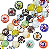 PONABEADIY 1 Box 144PCS 8MM Handmade Millefiori Lampwork Glass Beads with Holes Assorted Round Flower Pattern Colorful Spacer Loose Bead Bulk for Jewelry Making Necklaces Bracelets DIY Craft Supply