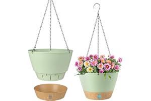 DEMACIYA Hanging Planters for Indoor Plants, 8 Inch Hanging Basket Plant Pots with 3 Hooks Modern Flower Pots Set of 2 with Drainage Hole and Tray for Home, Garden, Outdoor Décor