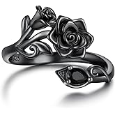 925 Sterling Silver Black Rose Flower Ring Adjustable Jewelry Gifts for Women