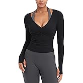 YEOREO Minniy Women Workout Wrap Top Long Sleeve with Thumb Holes V Neck Basic Shirts for Yoga Pilates Going Out Shrug Blouse