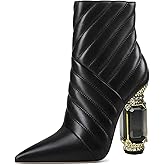 FSJ Women Sparkly Crystal Block High Heel Pointed Toe Ankle Boot Side Zipper Wedding Party Banquet Dress Shoes Size 4-15 US