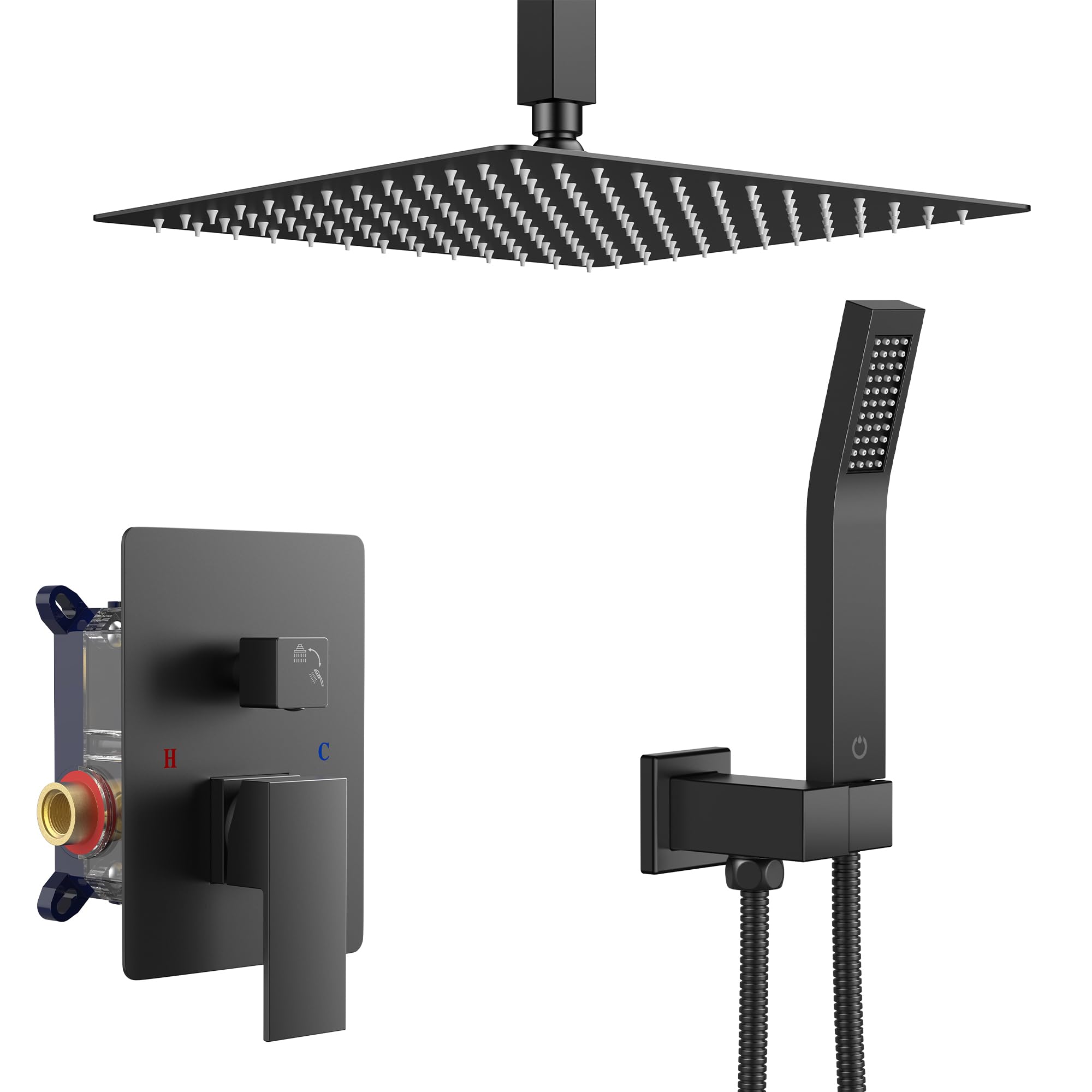 Photo 1 of FORIOUS Shower Head System, 10 Inch Rain Shower Faucet Set with Handheld Spray Combo Rough-in Valve, Solid Brass Pressure Balanced Valve Trim Kit, Ceiling Mount, Matte Black