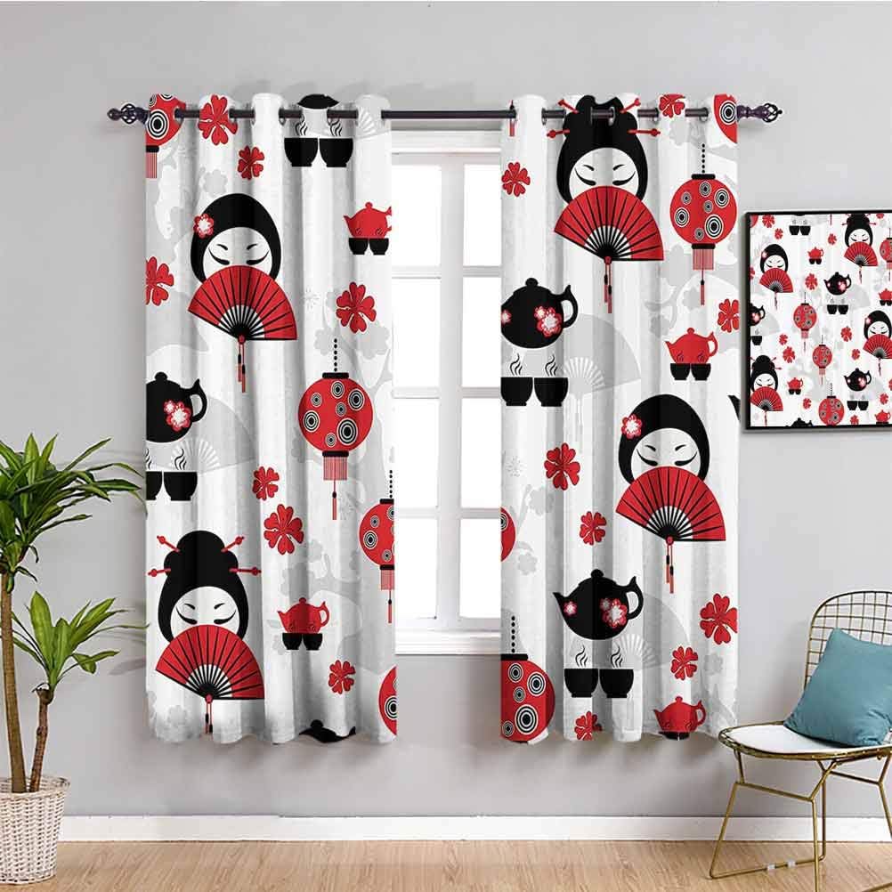 Lantern Decor Collection Blackout Window Curtains Geisha Japanese Fan Ancient Chinese Traditional Tea Pot Lanterns Floral Graphic Design Reduce Light W72 x L63 Inch Black Red