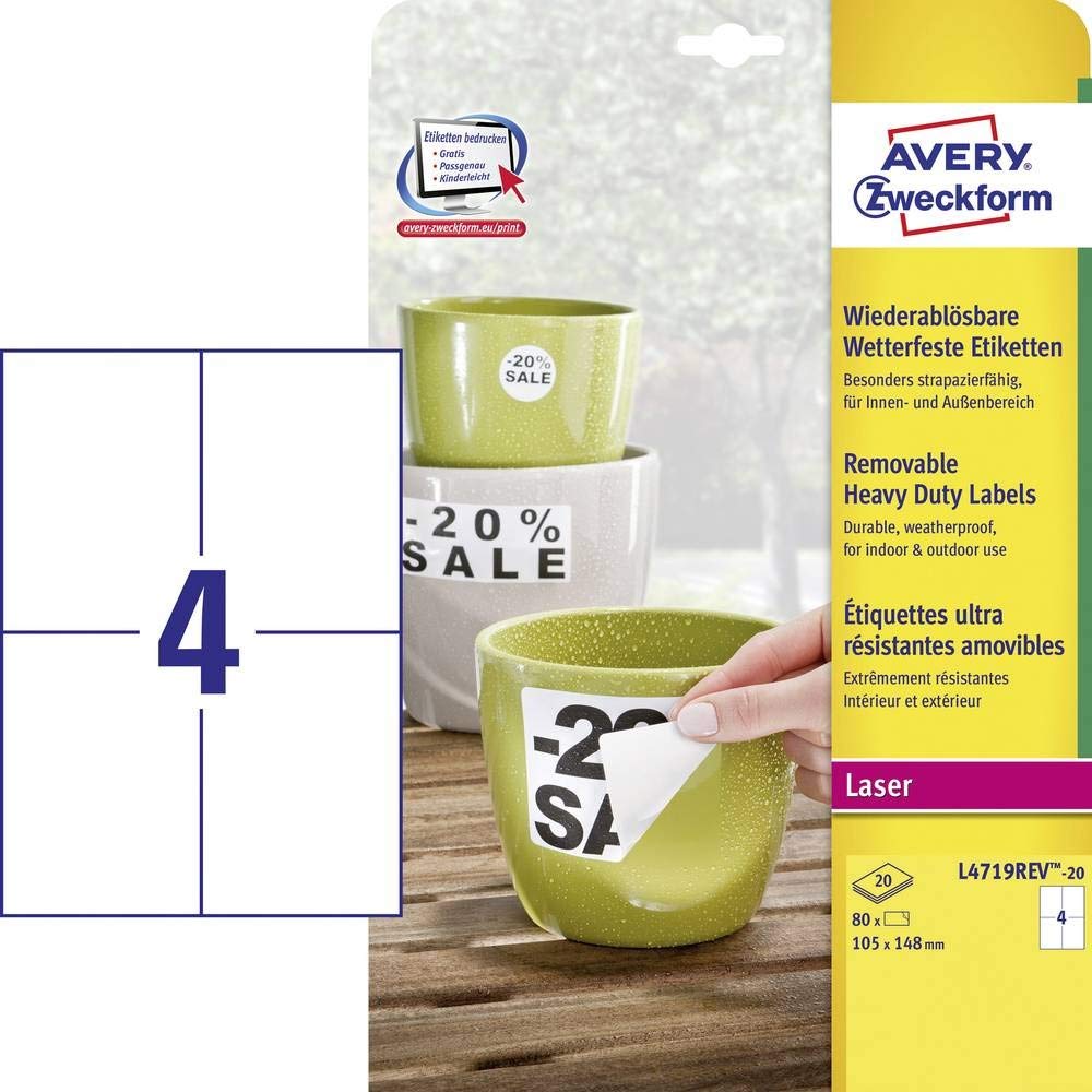 AVERY Zweckform L4719REV-20 Weatherproof Foil Labels, Removable (105 x 148 mm on DIN A4, Self-Adhesive, Printable Outdoor Adhesive Film) 80 Stickers on 20 Sheets White