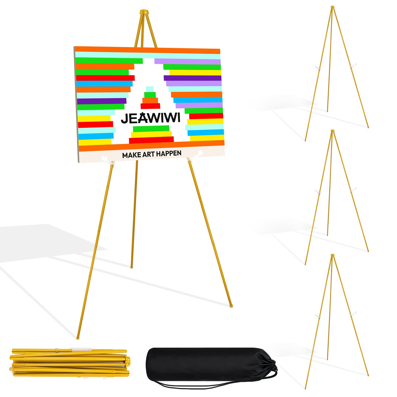 Photo 1 of JEAWIWI 4PCS Golden Easel Stand for Wedding Sign Stand, 66 Inch Adjustable Metal Easels for Display, Portable Folding Easel for Wedding, Display Show, Arts, Poster with Portable Bags