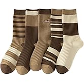 Women's Ribbed Crew Socks 5-Pack - Brown & Beige Striped Pattern, Soft Cotton Blend Neutral Tone Socks for Women & Teens, Comfortable Everyday Socks (Fits Shoe Size 5-9)