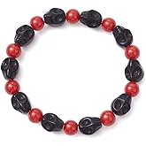 Gothic Howlite Synthetic Turquoise Skeleton Tibetan Prayer Bead Beaded Bracelets for Men Women His and Hers Couples Bracelets Elastic Adjustable Bracelet Halloween Jewelry Accessories (Black-red) 