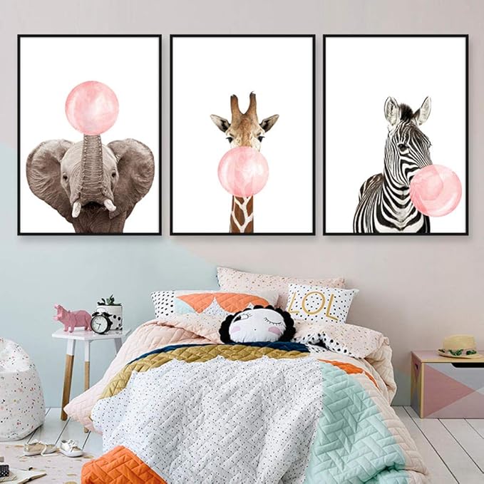 JEfunv Kawaii Elefant Zebra Giraffe Rosa Ballon Leinwand Poster