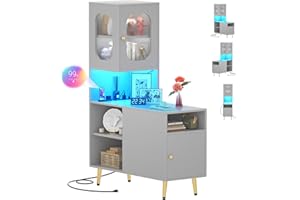 Cyclysio Corner Cabinet with LED Lights, Reversible Storage Cabinet with Power Outlets, Corner Storage Cabinet with Doors for Living Room, Bedroom, Grey