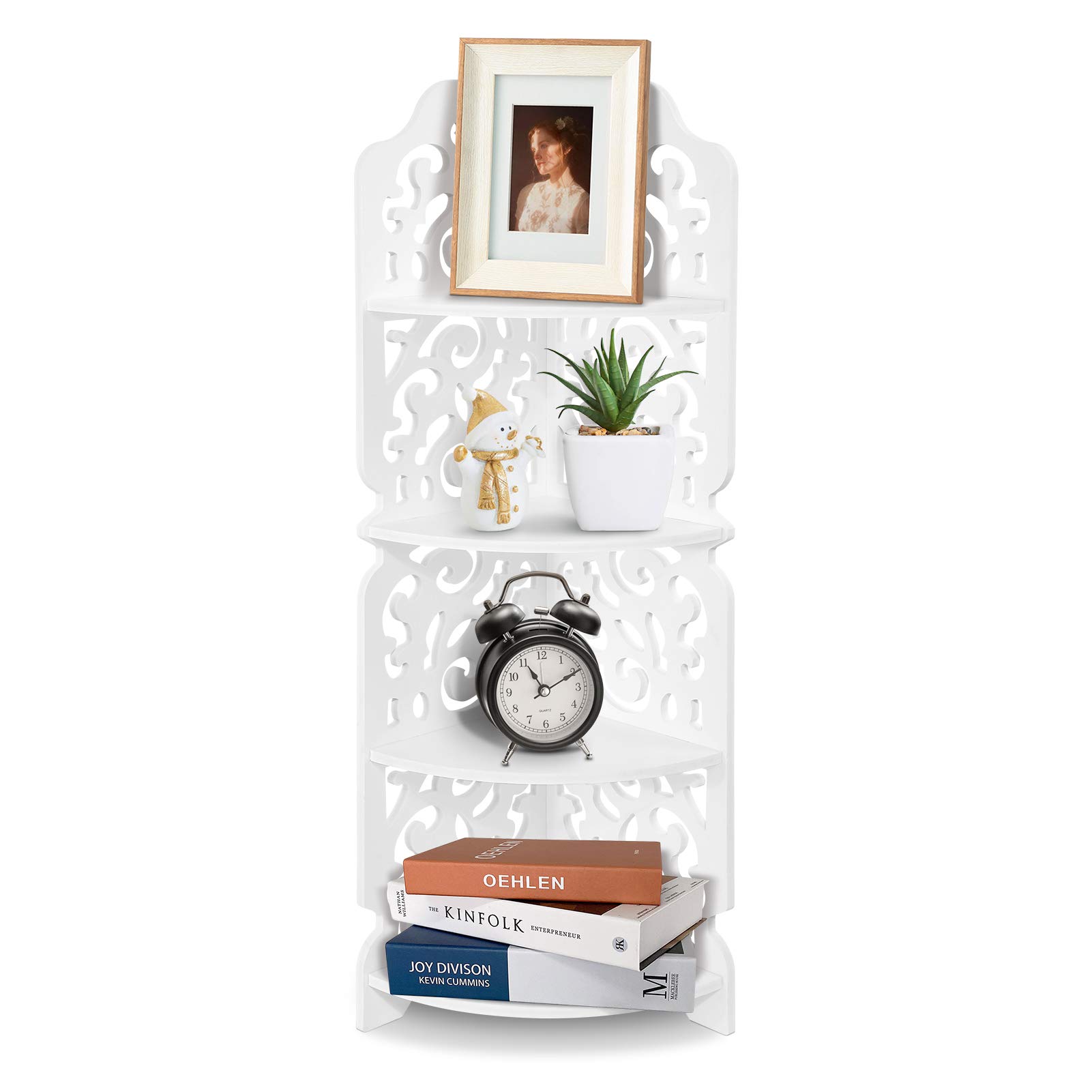 Ejoyous 4 Tier White Wood Corner Shelf Unit, Standing Corner Shelf Stand Display, Solid Wood Plastic Hollow Carved Flower Pattern Storage Display Corner Stand for Livingroom Bathroom