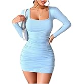 SHENHE Women's Square Neck Long Sleeve Ribbed Knit Ruched Bodycon Mini Dress Fall Dresses