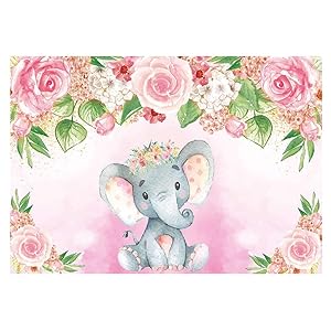Funnytree 7x5ft Pink Floral Elephant Party Backdrop Flowers Girl Baby Shower Birthday Photography Background Photobooth Banner Cake Table Decorations