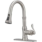 BWE Kitchen Faucet with Pull Out Sprayer 3 Spray Modes Brushed Nickel Single Handle Singe Lever High Arc Kitchen Sink Faucet with Deck Plate Commercial Bar Farmhouse Pull Down Sprayer
