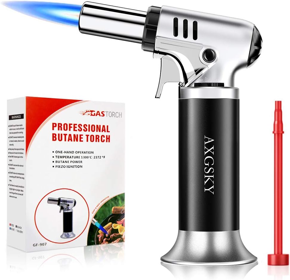 DLYM Butane Torch Lighters, kitchen torch Refillable Adjustable Flame Kitchen Torch with Safety Lock & Adjustable Flame for BBQ, Creme Brulee, Baking, DIY Soldering (Butane Gas not Included) (Silver): Home Improvement