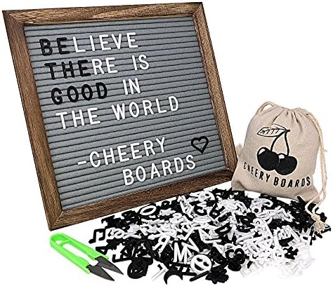 Gray Felt Brown Coffee Frame Vintage Changeable Letter Board with Black and White Characters, Symbols and Emojis, Attached Stand, Wall Mounting Hook, Scissors and Canvas Bag. By Cheery Boards