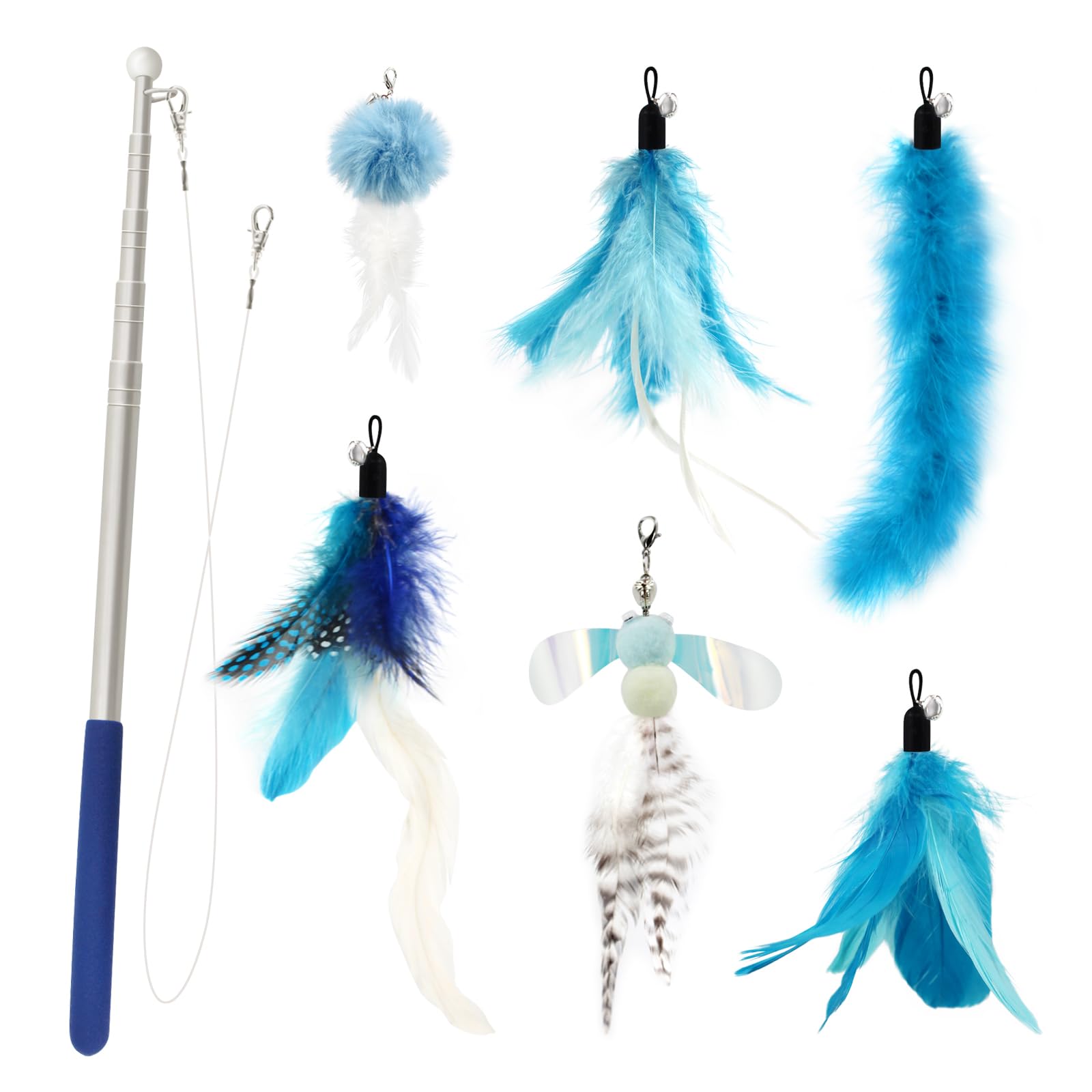SONGWAY Cat Toy Feather Wand - 7 Pcs Interactive Cat Toys for Indoor Cats Kittens, 1 Retractable Teaser Wand with 6 Cat Feather Toy Refills, Cat Fishing Rod Toys, Blue