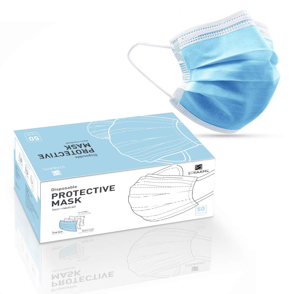 Straame 3 Ply Disposable Face Mask for General Use, Dustproof, Breathable Face Covering Protection with Flexible Design, Non-Reusable Multi-Layer Mask (50, Blue)