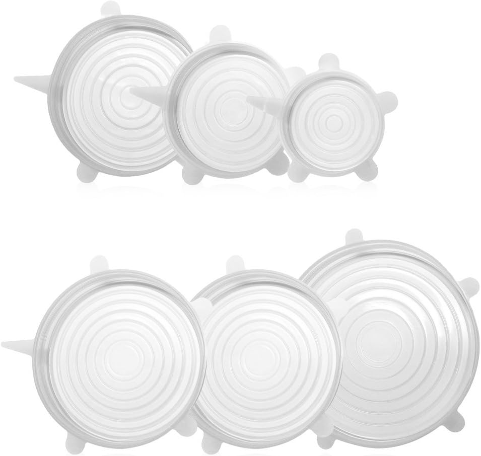 Silicone Stretch Lids 6 Pack Different Size FDA Approved Stretchable Food Covers for Cups, Pots, Can,bowls,Dishes,Mugs,Jars (Clear)