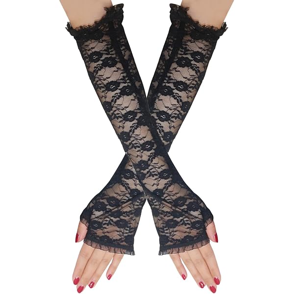 Guantes De Encaje Negro Con Plumas Para Mujer - Sin Dedos, Para Fiestas, Cosplay Y Eventos