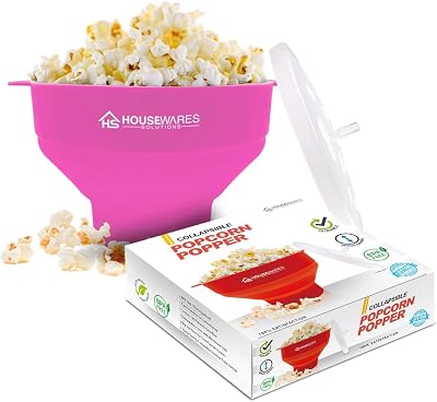 BRENSTEN Collapsible Silicone Microwave Popcorn Popper Bowl Pink with Lid