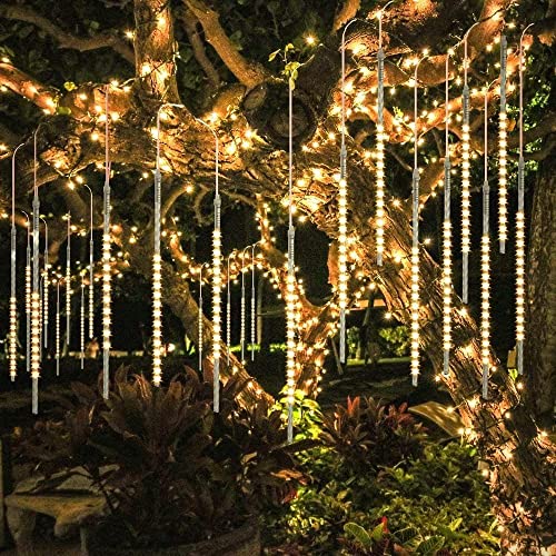 Redare Meteor Shower Rain Lights,50cm 8 Tubes 288 LEDs rain drop lights Waterproof,Cascading Rain Light,Icicle Snowfall String Lights for Garden Wedding Holiday Party Tree Decoration (Warm White)
