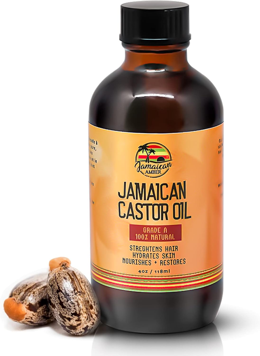 Organic Jamaican Castor Oil - 4 fl oz / 118 ml - Cold Pressed, For Hair Growth, Eyebrows, Eyelashes, Hair Scalp, Strengthens Hair, Daily Moisturiser, for All Hair and Skin Types by Jamaican Amber