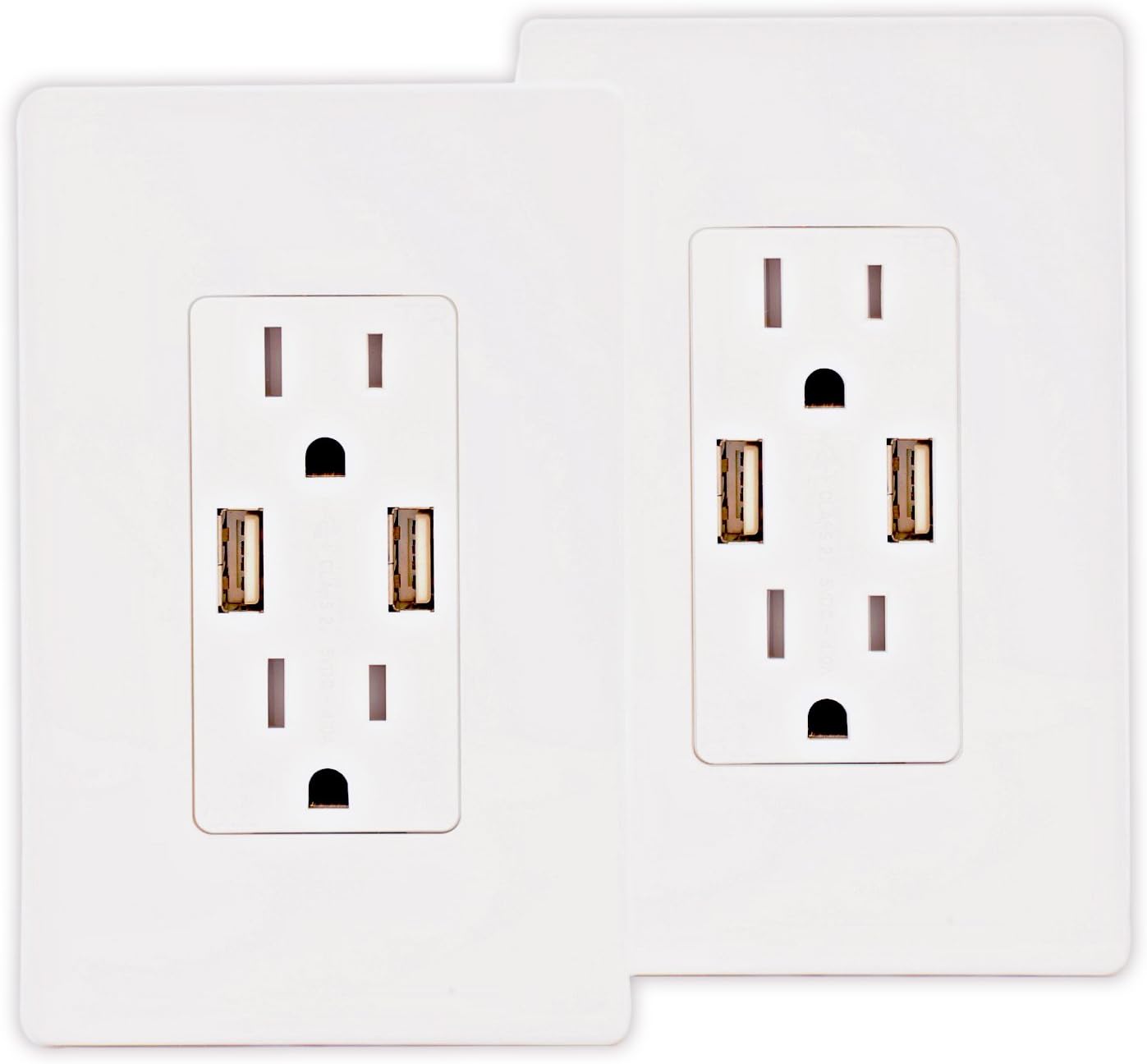 AC USB Wall Outlet by Smart Outlet. 4 Amp High Speed Double USB Charger Ports With Smart Chip Technology + 2 Standard 15A Tamper Resistant Receptacles. 2-Pack Value. White.