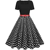 1950s Vintage Cocktail Dresses for Women: Polka Dot Square Neck Tea Length with Belt - Summer Retro Outfits for Wedding