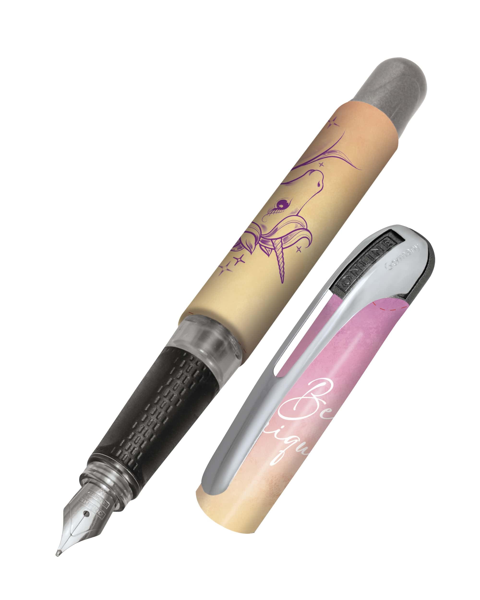 Online fountain pen College Be Unique, ink fountain pen for right-handers, ergonomic grip, iridium nib medium, standard ink cartridges, incl. combi cartridge blue, for allergy sufferers