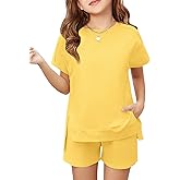 Haloumoning Girls 2 Piece Summer Outfits Kids Short Sleeve T-Shirts and Elastic Waist Shorts Clothing Sets