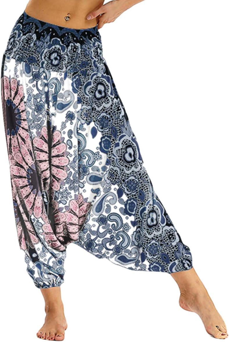 IRICHEE Women's Aladdin Pants Harem Hippie Pants Baggy Boho Patterned High Waist Lounge Wide Trousers for Yoga Pilates Summer Beach