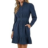 Kuraki Women's Corduroy Button Front Long Sleeve A Line Ruffle Hem Dress with Pockets